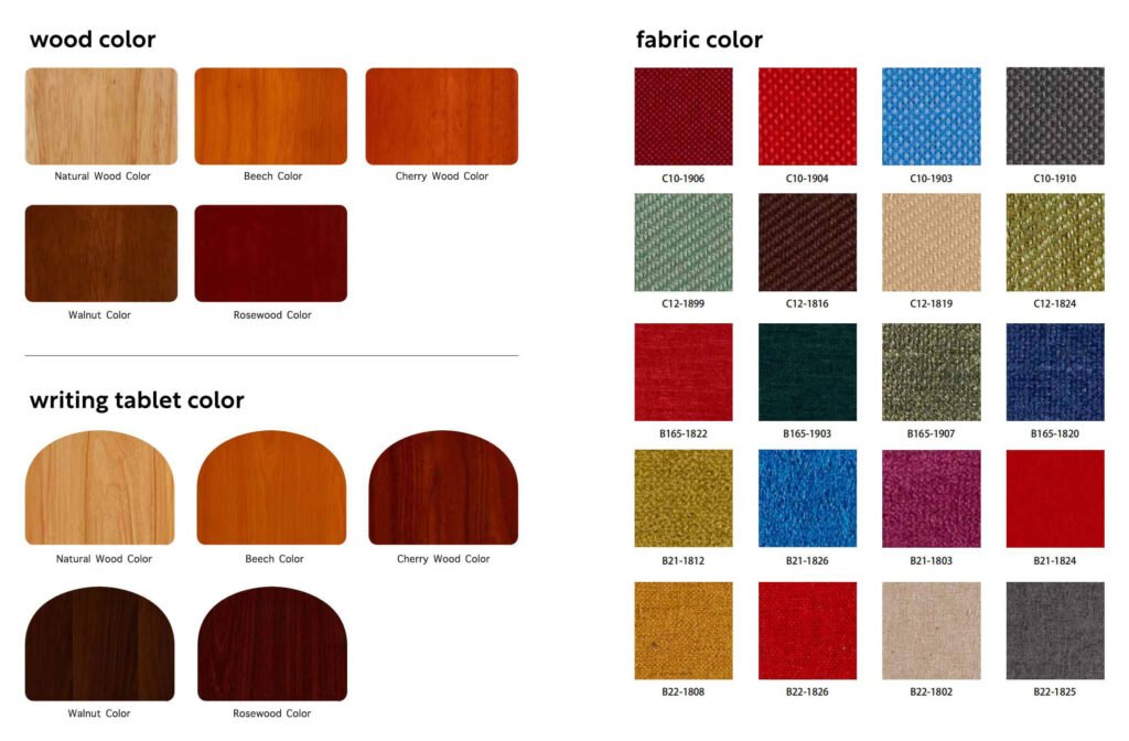 a picture shows fabric and wood color options of the auditorium seating