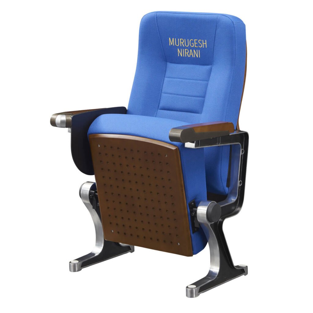 Auditorium chair with wood veneer armrest and black base