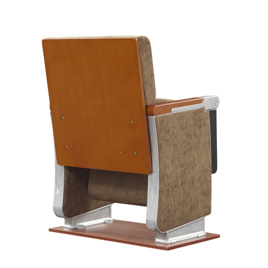 Fixed auditorium seating with plywood shell and writing desk