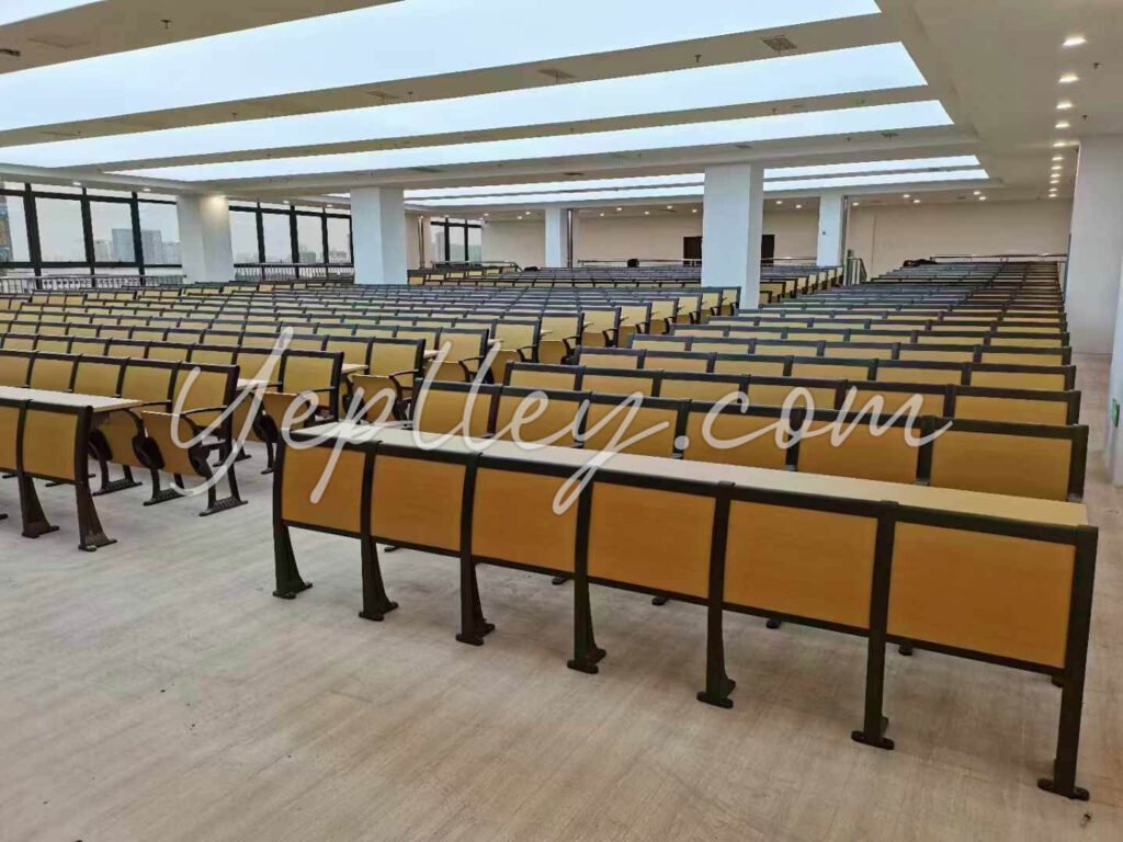 Modern fixed seating solution with aluminum frame and writing tablet