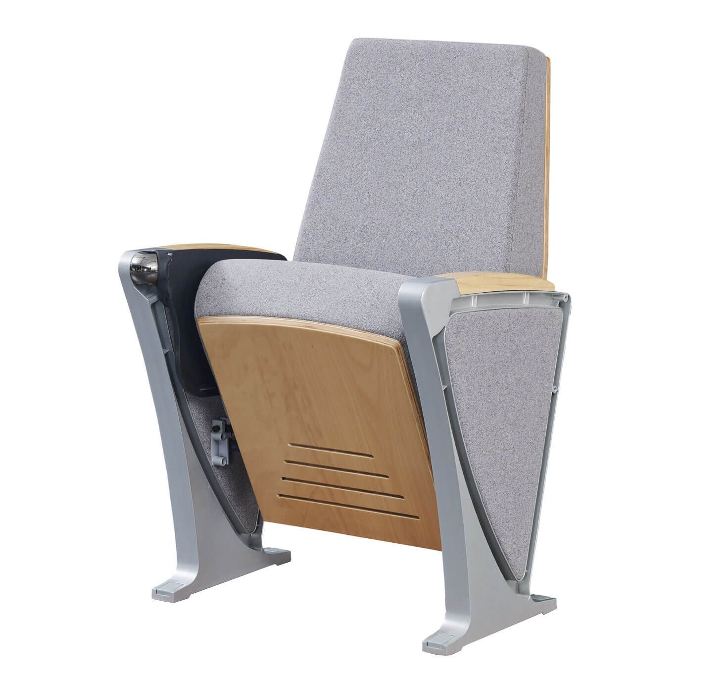 Side view of auditorium chair with integrated tablet and single pedestal