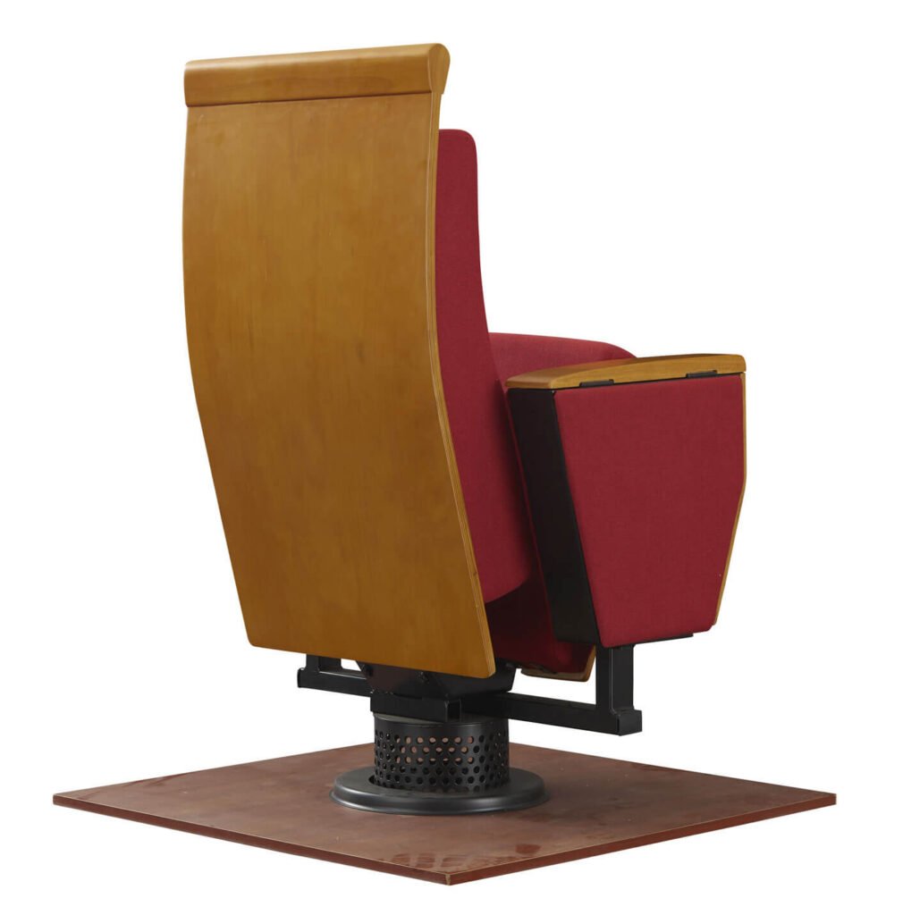 Single leg auditorium chair with veneered wood shell