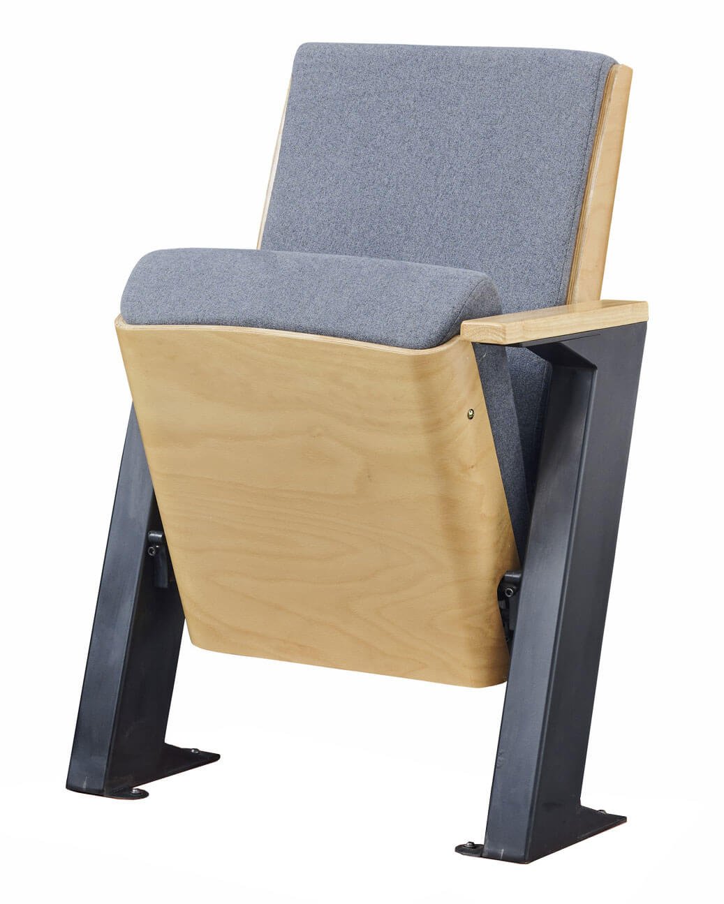 modern church auditorium chair with plywood shell and black iron frame