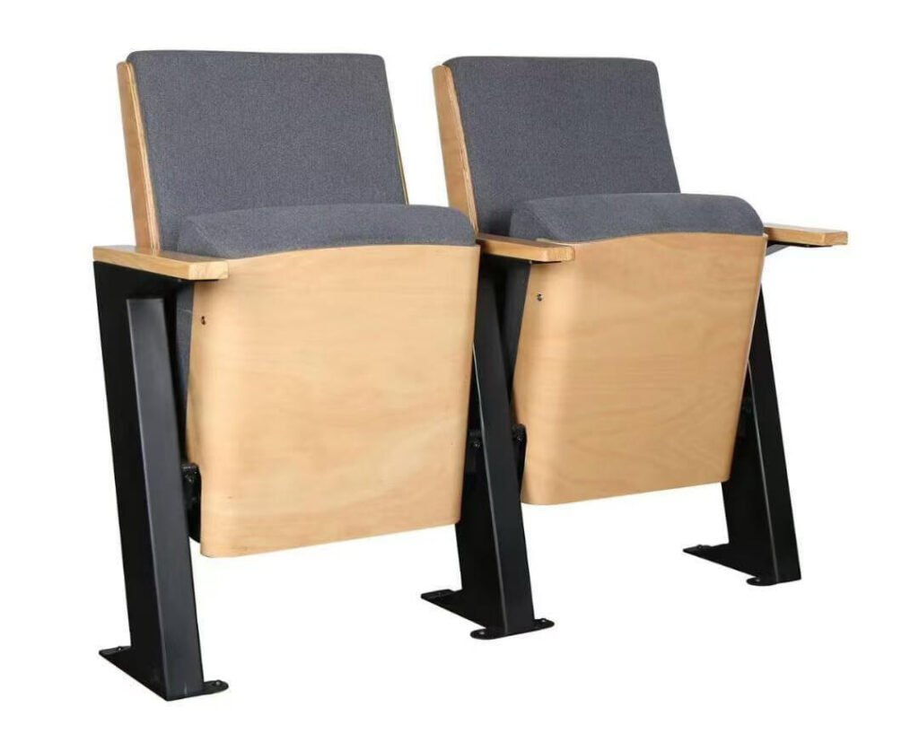 molded foam church seating with fixed legs and wooden backrest