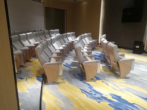 Fixed auditorium seating securely mounted on carpet surface with metal legs