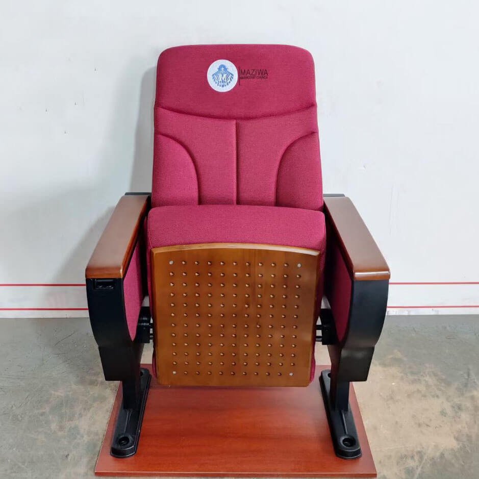 Example of a multi-color embroidered logo on theater seating