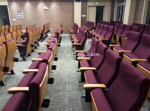 Large training chairs with natural wood and maroon fabric – side view