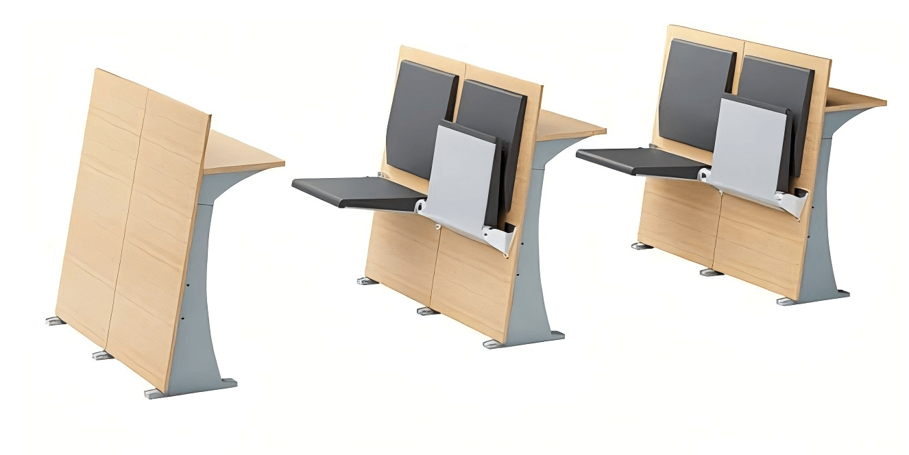 Fixed classroom chair with plywood backrest and writing table