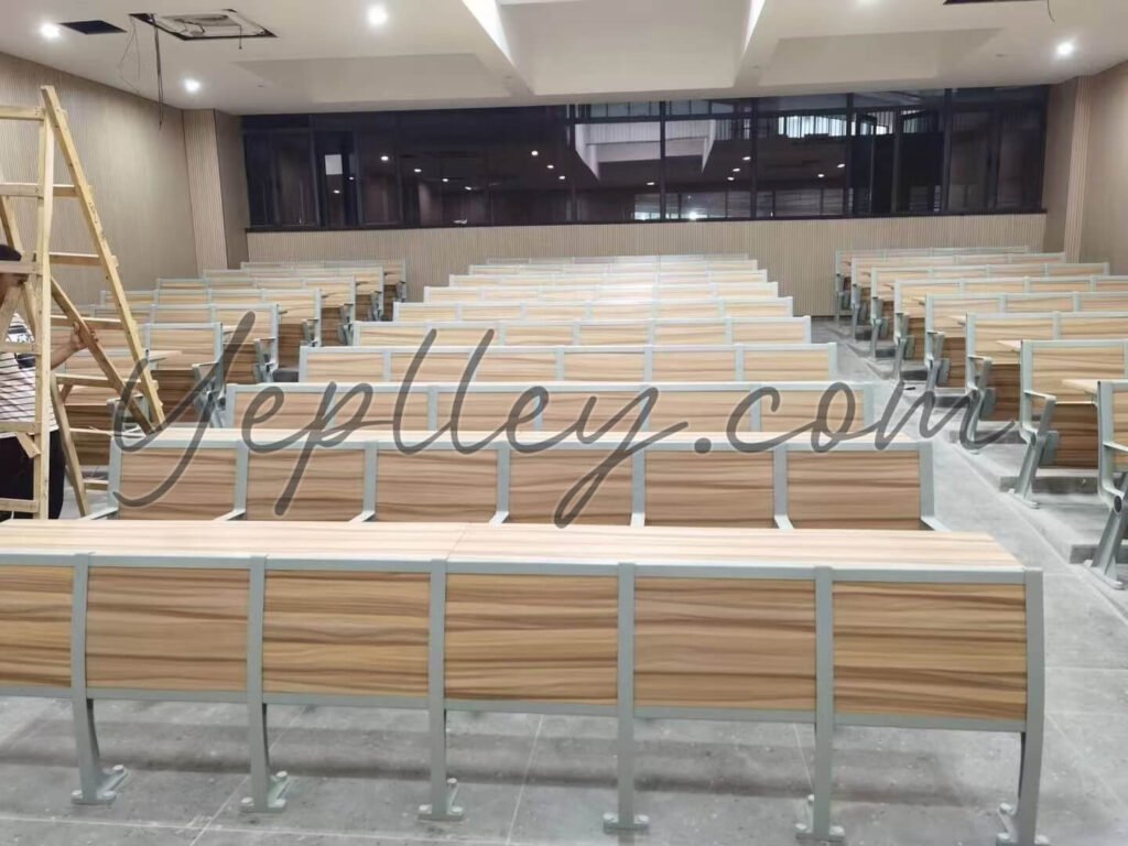 Aluminum leg desk and chair with foldable seat and writing tablet