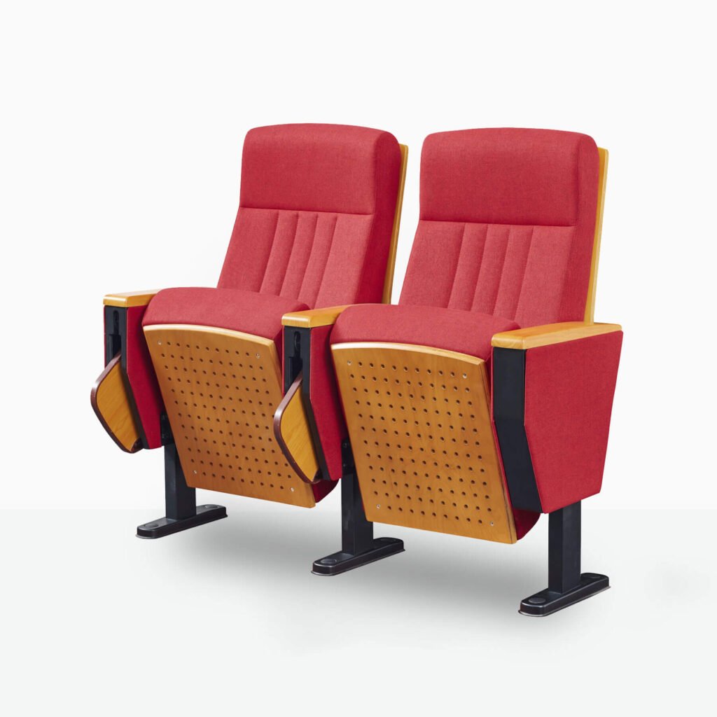 Auditorium seating with black cold-rolled steel legs and writing tablet