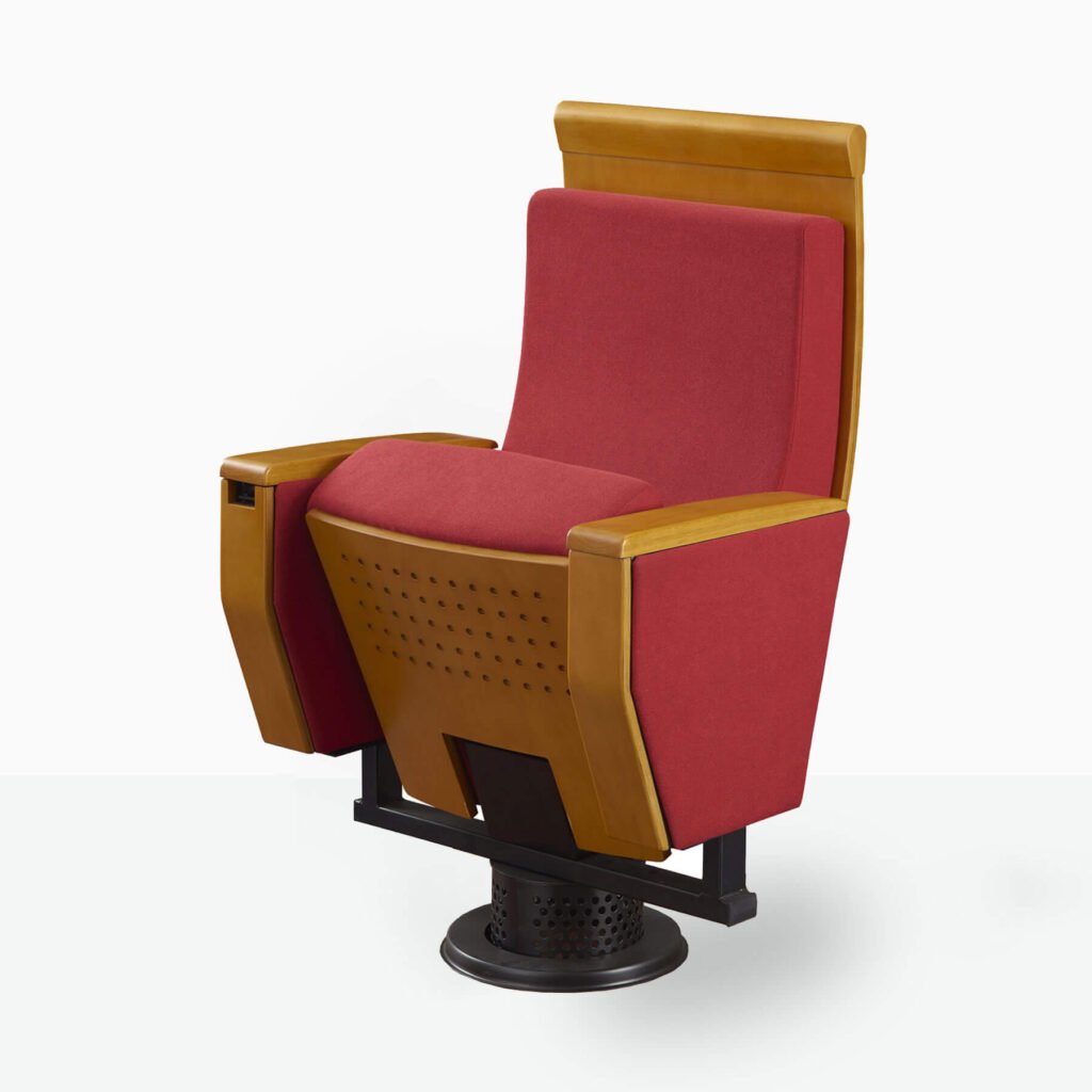 Auditorium seating with molded foam and solid wood arm