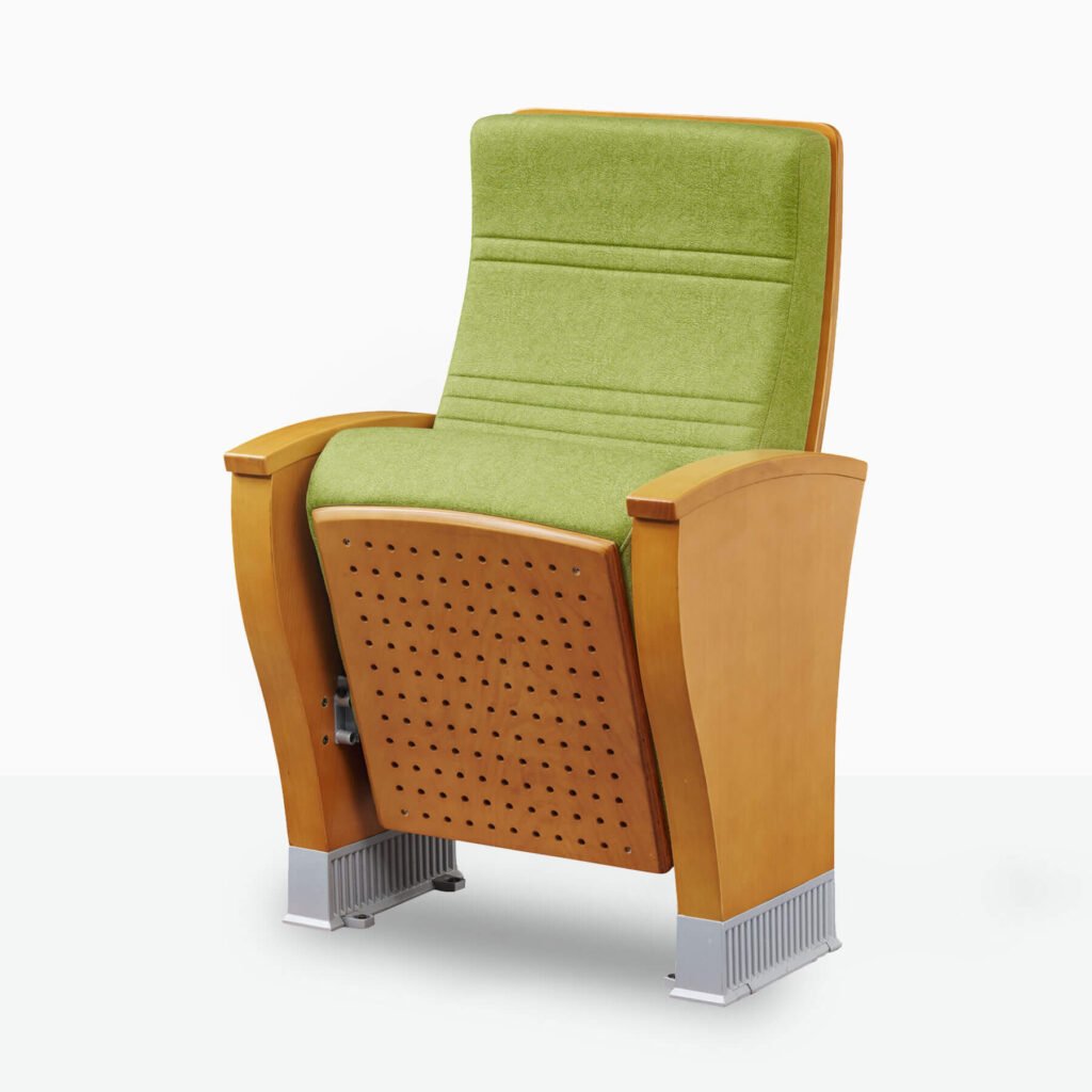 Fixed auditorium chair with aluminum foot and wooden frame