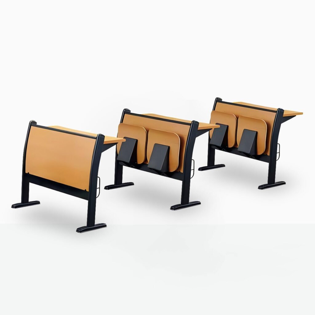 Low-cost training chair with plywood back and melamine desk