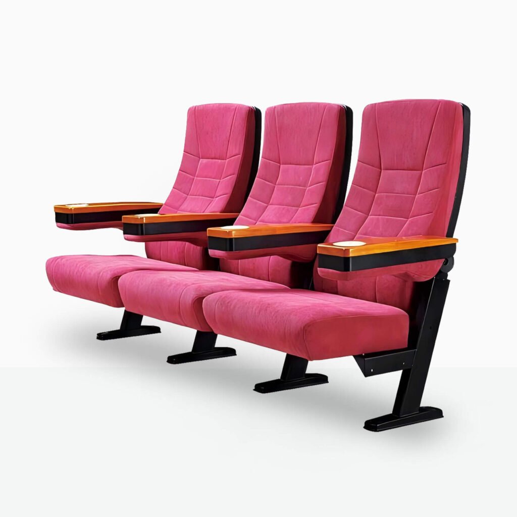 Premium theater seating with built-in cup holder and ergonomic design