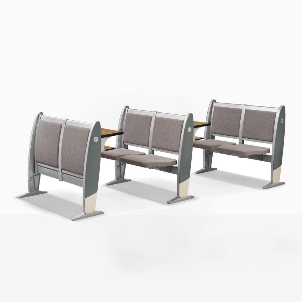 Installed aluminum alloy lecture hall chairs with fixed writing tablets in a tiered classroom