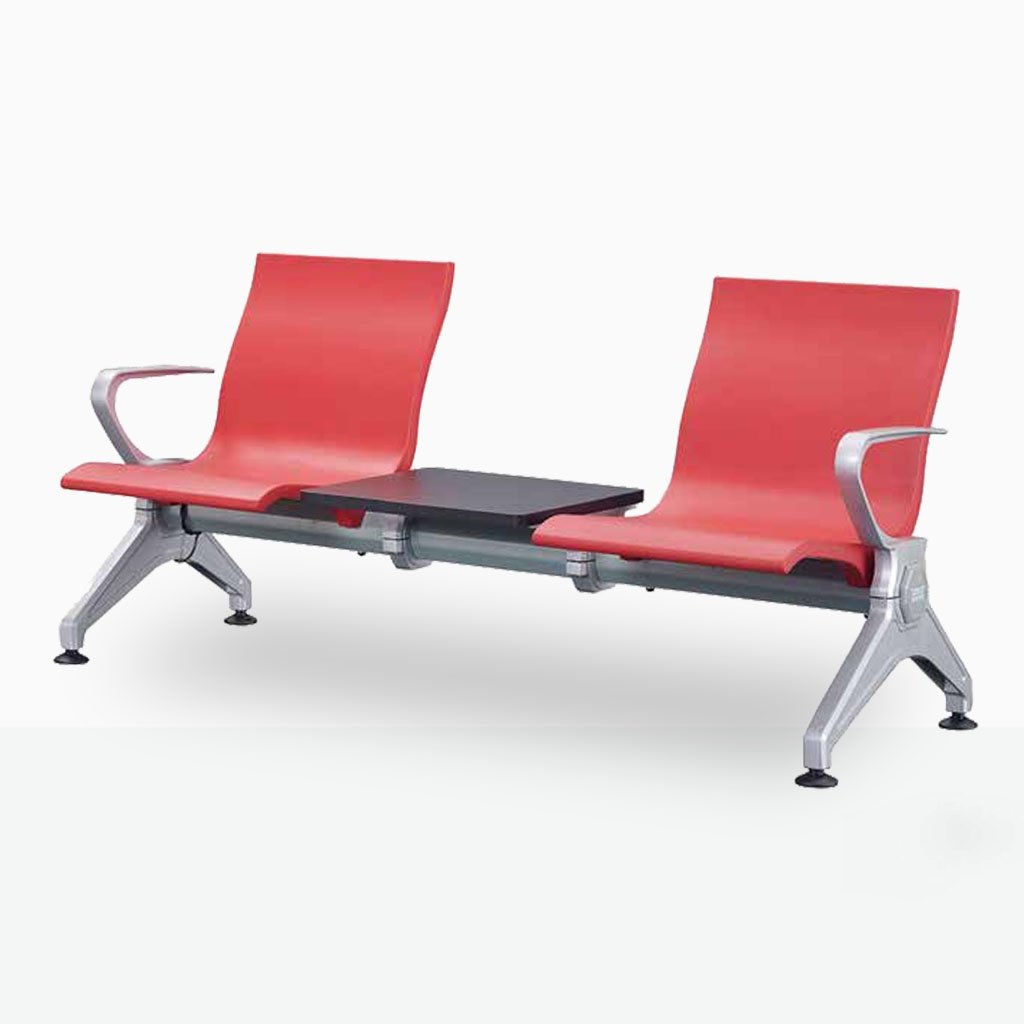 Railway station waiting chair with two molded PU seats and central luggage rack