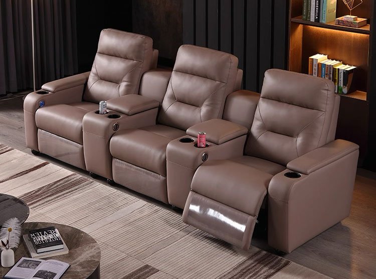 Three-seat row of best seating for home theater room with recliners and cup holders
