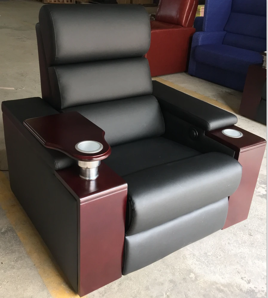 Luxury commercial movie theater seating with recliner and swivel table, single seat installation