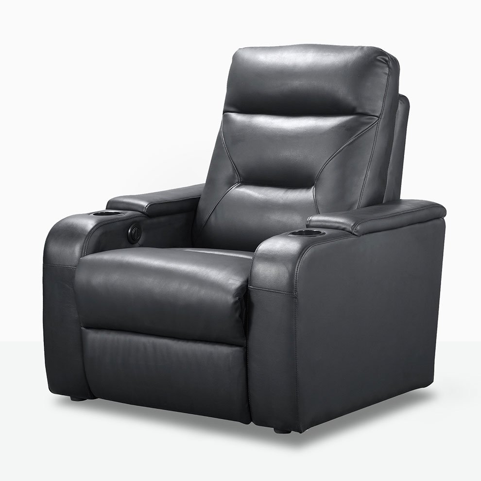Luxury IMAX theater seating in leather with recliner and popcorn holders